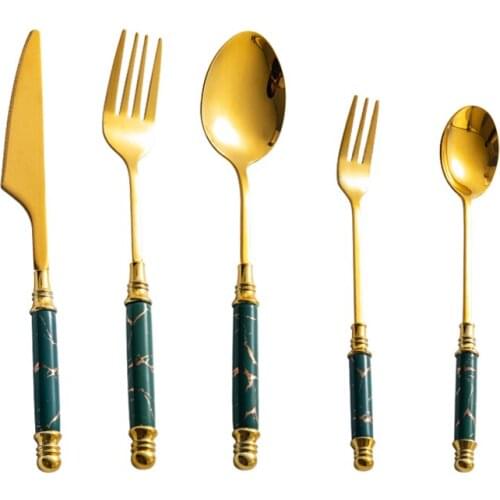Marble Gold Cutlery Set Ceramic Handle Stainless Steel Dinnerware Gold Plating Flatware Set Dinner Knife Fruit Fork Spoon