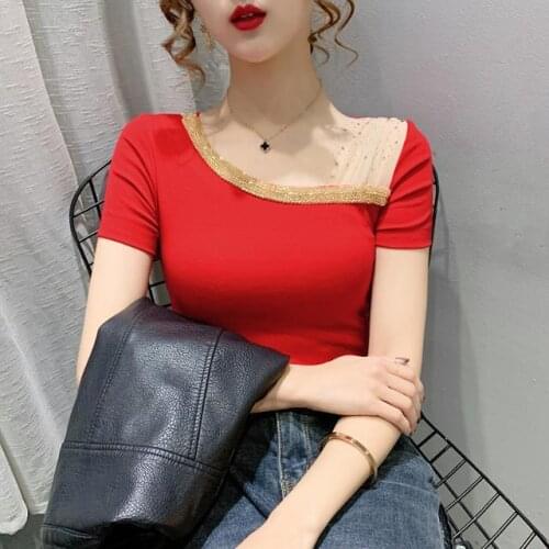 2021 new original design heavy craft fashion sexy diamond-encrusted blouse slim t-shirt short sleeve