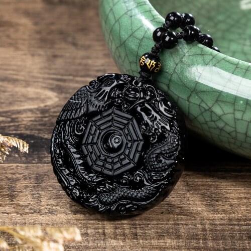 Dragon Phoenix Pendant Necklace Yin Yang Bagua Symbol Obsidian Carved Beaded Chain Necklaces Money Wealthy Lucky Jewelry