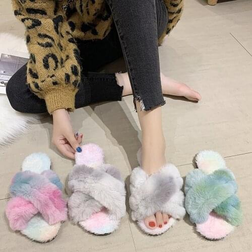 Home Slippers Faux Fur Warm Shoes Woman Slip on Flats Female Fur Flip Flops Fashion Cross Shape Warm Shoes Woman Slip on Flats