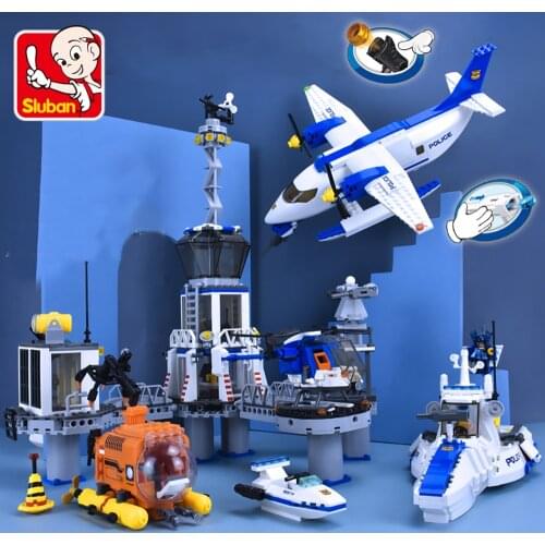 Sluban Prison Island Sea Police Patrol Car Helicopter Plane Ship Station Model Building Kits Bricks Sets Kids Toys City Chase