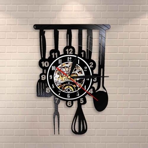 Dinning Room Restaurant Cutlery Wall Decor Cutlery Farmhouse Kitchen Art Sign Wall Clock Vintage Utensil Vinyl Record Wall Clock