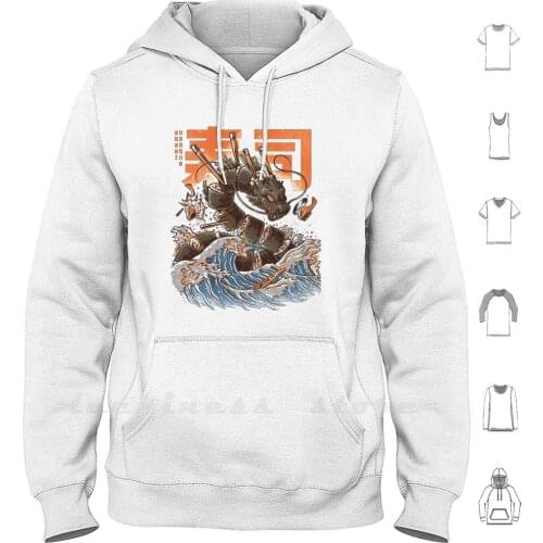 Sushi Dragon Of Japan Hoodie Long Sleeve Monsters Food Sushi The Great Wave Off Kanagawa Retro Vintage The Great