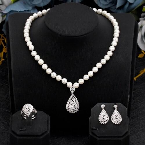 TIRIM Luxury Pearl Pendant Sets for Women Jewelry Accessory Cubic Zirconia Bridal Necklace Earrings Ring Dubai Fashion Two-tone