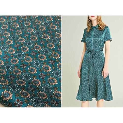 22mm herringbone pattern heavy silk cloth hole blue bottom small floral printing elastic silk satin dress fabric boutique hot