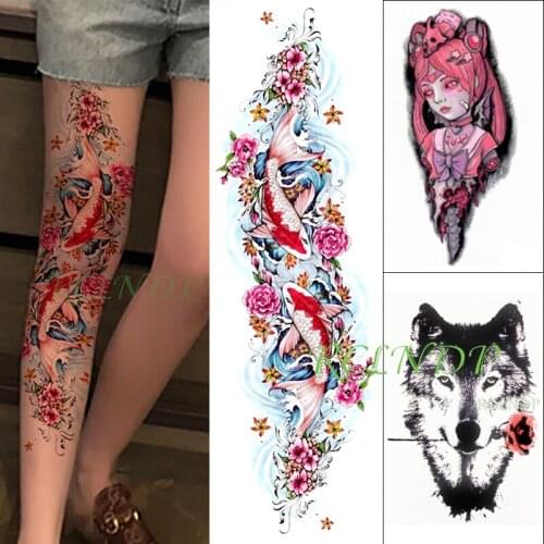 Waterproof Temporary Tattoo Sticker Carp Fish Flower Wolf Cartoon Girl Full Arm and Sleeve Tatoo Fake Tatto for Men Women 3 Pcs