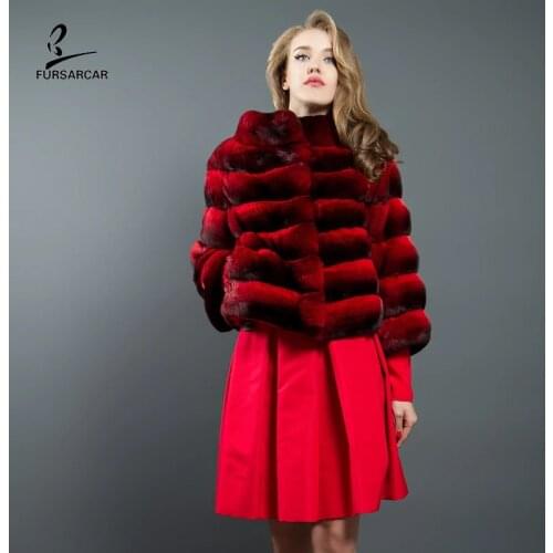 FURSARCAR 50cm Short Fashion Chinchilla Fur Jacket Women 2020 Natural Real Rex Rabbit Fur Coat Winter Outwear With Collar