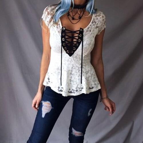Women T-shirt Lace Deep V Sexy Bandage Tops Translucent Hollow Out Lady Tee Shirt Spring Summer Short Sleeve Camiseta mujer Q30