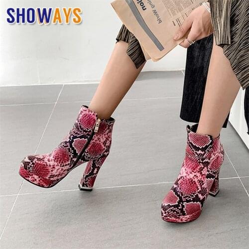 2020 Winter Faux Snakeskin Women Ankle Boots Black Red Blue Casual Office Lady High Block Heel Plush Zipper Short Platform Boots