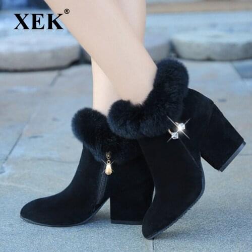XEK High Heels Women Ankle Boots Warm Faux Fur Zip Heel Pointed Toe Ladies Short Botas Solid Crystal Female Footwear ZLL520