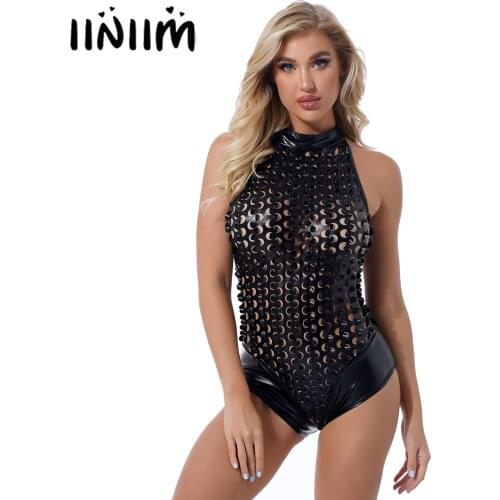 Womens Shiny Hollow Out Patent Leather Rave Bodysuit Zipper Back Sleeveless Catsuit Mock Neck Leotard Clubwear for Pole Dancing