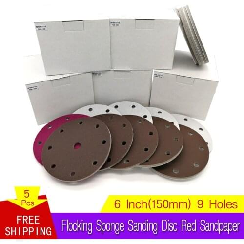 5Pcs Flocking Sponge Sanding Disc Red Sandpaper 6 Inch 9-Hole 300-2000 Grit for Polishing & Grinding Power Tools Accessories
