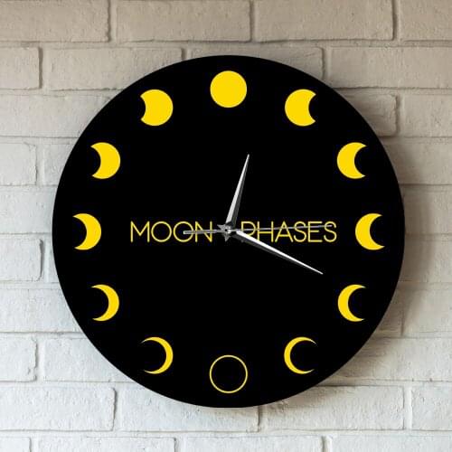 Astronomy Icon Astrology Concept Moonlight Shadow Decor Wall Watch Yellow Moon Eclipse Phases Printed Acrylic Large Wall Clock