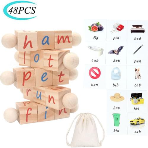 Montessori Phonetic Reading Blocks Educational Toy Spelling Learning Basic Words And Vowel Letters Rotating Cube Wooden Kids Toy