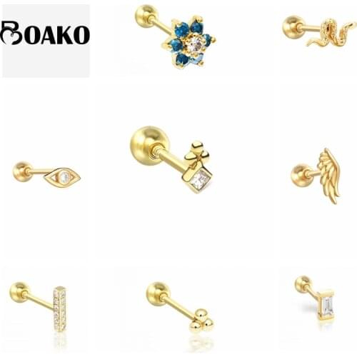 BOAKO 1pcs 925 Sterling Silver Crystal Zircon Gold Wing Stud Earring For Women Pendientes Piercing Earing Fine Jewelry as Gifts