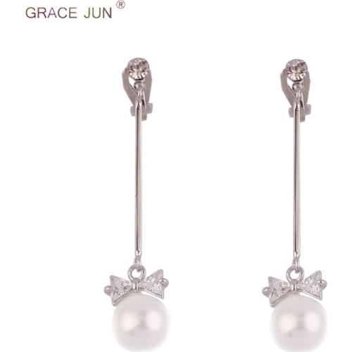 GRACE JUN Hot Sale Bow-knot Simulated Pearl Clip on Earrings and Drop Pierced Earrings for Women Party Wedding Best Jewelry Gift