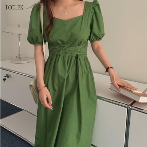 Elegant Sweet French Square Neck Bow Tie Dress 2021 Summer New One-Piece Korean Womens Casual Midi Dress Ladies Office Dress