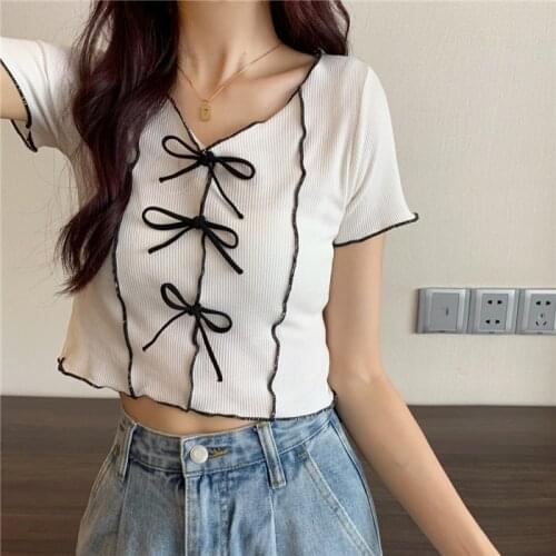 Japan Style Cute Bow Short Sleeve Slim T-shirt Women Fashion V-neck Summer Short Tops Sweet Woman Casual T-shirts