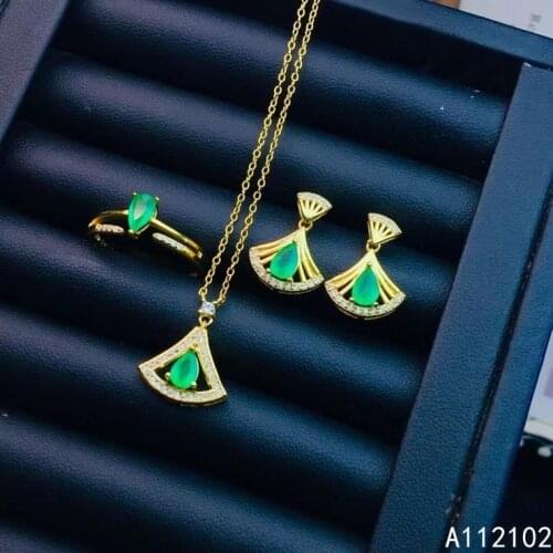 KJJEAXCMY fine Jewelry 925 sterling silver inlaid natural Emerald noble pendant ring earring set support test Chinese style