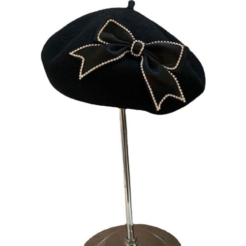 Classic Black Wool Felt Berets Big Rhinestone Bow Beret Cap Elegant Women Autumn Spring Warm Pillbox Artist Hat High End Fedoras