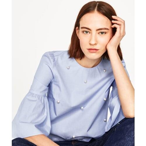 Summer Women Blouse Shirts Casual Plus Size Blusa Full Sleeve Beading O-Neck Tops Blusas