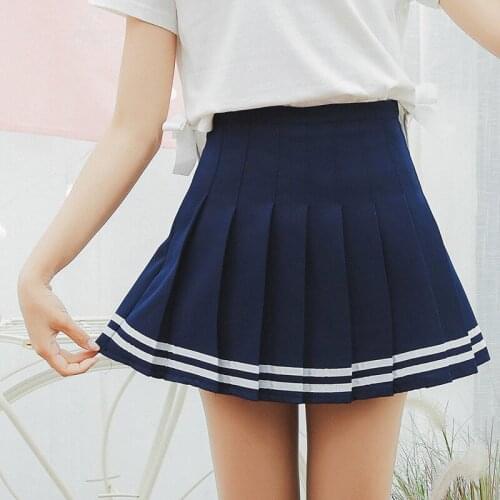 Sweet Lolita 2019 Pleated Skirt Women Elastic High Waist Mini A-line Sailor Skirt Harajuku School Girls Uniforms Stripe Skirt