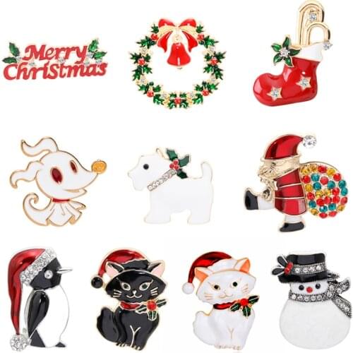 Cute Santa Christmas Brooches Pins Snowman Claus Hat gloves Bells Socks Penguin Candy Cat Halloween Badges Brooch For Women Gift