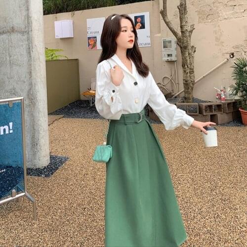 Fashion Autumn Two-Piece Sets Womens Temperament White V Neck Long Sleeve Blouse Shirt+Solid A Line Midi Skirt Suit with Belt