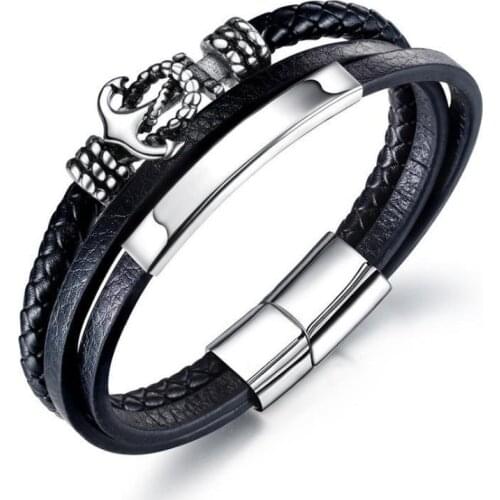 Punk Fashion Anchor Multilayer Magnetic Bracelet Black Leather Mens Retro Bracelet