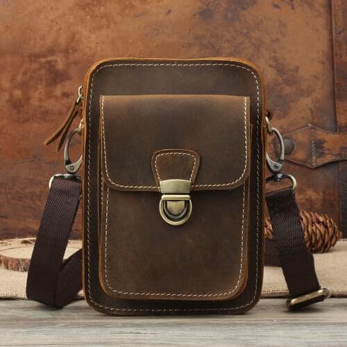 Men Genuine Leather Waist Packs Male Vintage Crazy Horse Leather Hip Bum Belt Bag Mens Travel Phone Pouch Fanny Shoulder Bag