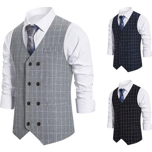 Mens Suit Vests European Style New Mens Plaid Double-breasted Vests Mens Suit Retro Vest