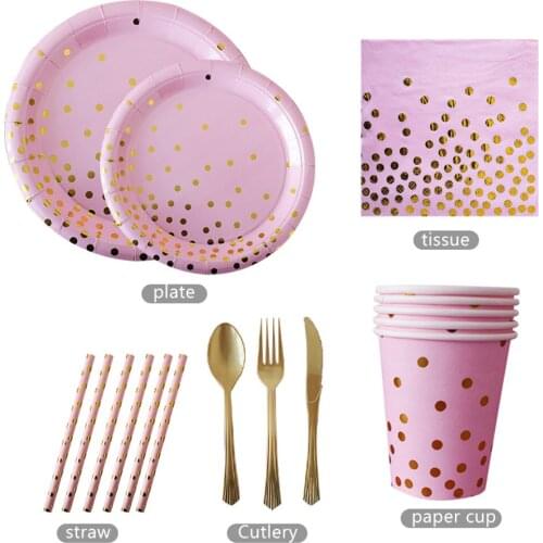 Gold Stamping Disposable Tableware Baby Shower Pink Gold Dots Birthday Party Decorations Disposable Plates Napkins Cups Banners