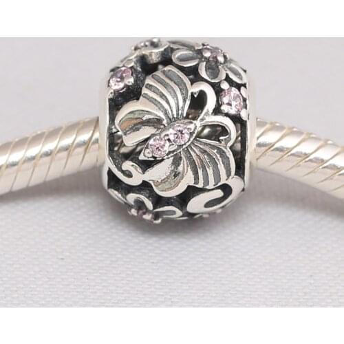 Authentic S925 DIY Jewelry Butterfly & Daisy Flower Charm fit Lady Bracelet Bangle Girl Gift Bead Pink CZ