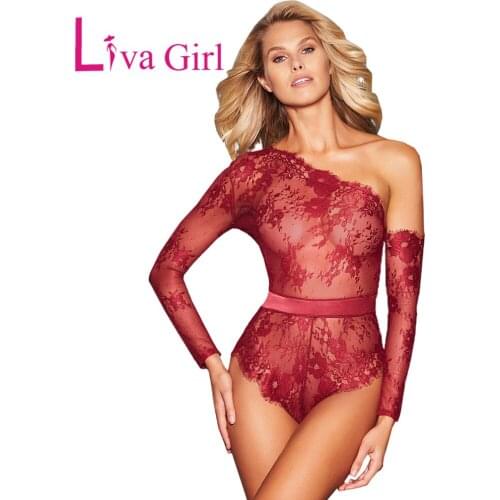 LIVA GIRL Sexy One-shoulder Long Sleeve Lace Bodysuit Woman Bedtime Bodycon Jumpsuit Female Button Slim Solid Romper Body Tops