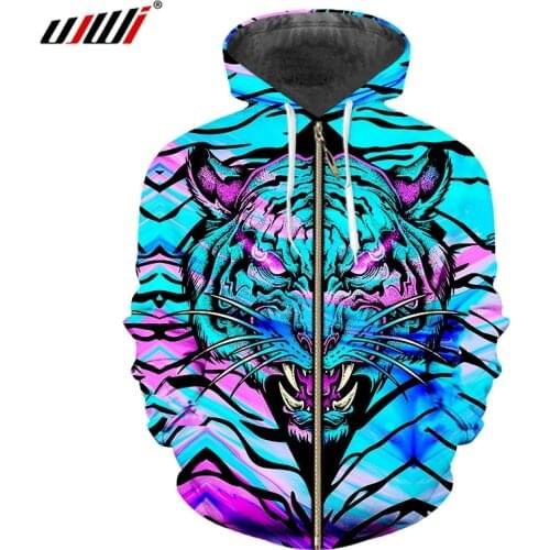 UJWI Unisex Hoodies 3d Print Colorful Tiger Zip Autumn Winter Hip Hop Streetwear Hoody Mens Hooodies Sweatshirt Long Sleeve
