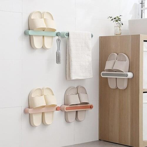 Bathroom Wall Slipper Rack Retractable Multifunctional Toilet Towel Rack with Hook Shoes Storage Shoe Rack Bathroom Organizer