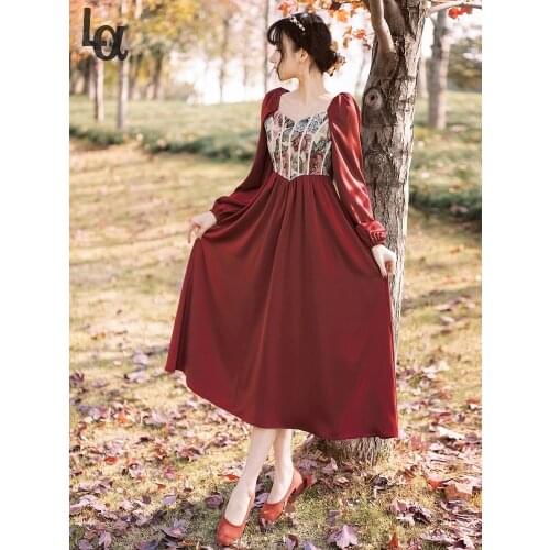 Vintage Oil Paintings Jacquard Red Dress For Slim Lady Retro Royal Style Square Collar Puff Sleeve Princess Dresses Dating Party