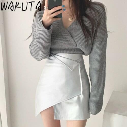 WAKUTA Irregular Womens PU Skirts High Waist Sexy Bandage Female Short Skirt 2021 New Korean Streewear Fashion Ladies Bottoms