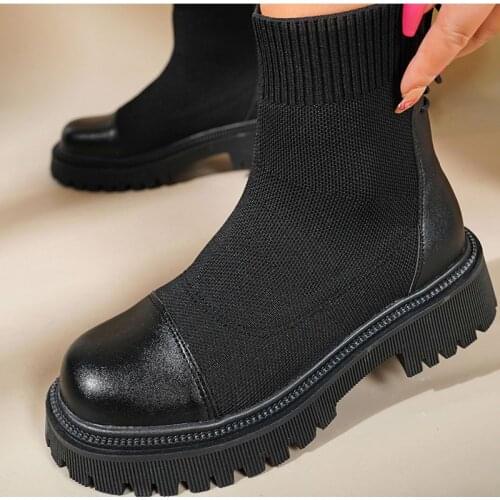 New 2021 Women Ankle Boots Casual Female Chelsea Boots Platform Leather Chunky Heels Shoes Ladies Slip On Outdoor Short Boot