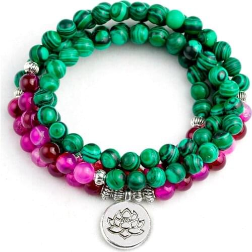 Women Bracelet 6mm Malachite Stone Beads With Rose Onyx Strand Charm Bracelet Yoga Lotus OM Buddha 108 Mala Bracelet