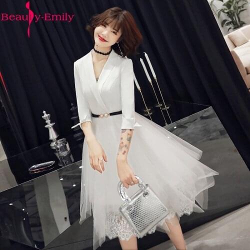 2020 New Arrival White V Neck A Line Women Prom Dress Charming Three Quarter Sleeve Office Lady Zipper Back Dress Vestidos