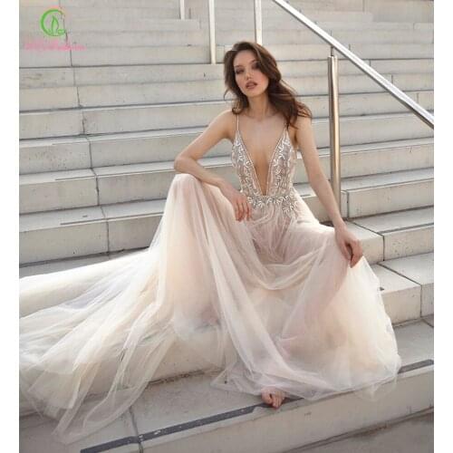 SSYFashion New Sexy Beach Formal Gowns for Women Party Deep V-neck Backless Sequins Beading Evening Dresses Vestidos De Fiesta