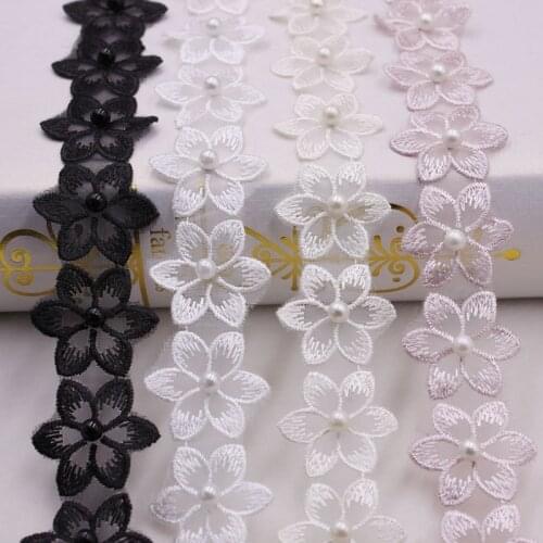 1 Yard Flower Lace Ribbon Trim Dress Sewing Supplies Beaded Fringe African Lace Fabric Flower Pearl Beaded Embroidered Wedding