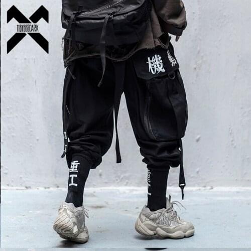 11 BYBBS DARK Hip Hop Cargo Pants Men Embroidery Joggers Trousers Elastic Waist Rock Ribbon Streetwear Pant Male Black WX004