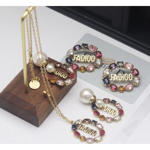 2021 Retro Alphabet Color Rhinestone Neckle Zircon Pearl Earrings High Texture Hair Clamp brooch for Womens Jewelry Set