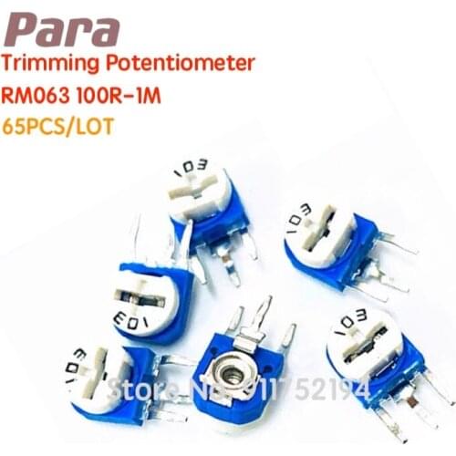 65PCS/LOT RM063 100R-1M Trimming Potentiometer Top Adjustment WH06-1 Variable Resistors Assorted Kit 13Kinds*5pcs