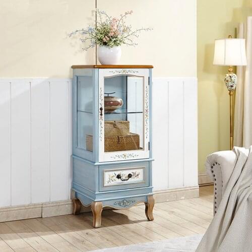 American Country Wine Cabinet with Glass European Style Living Room Side Cabinet Storage Cabinet Mediterranean Color Painting