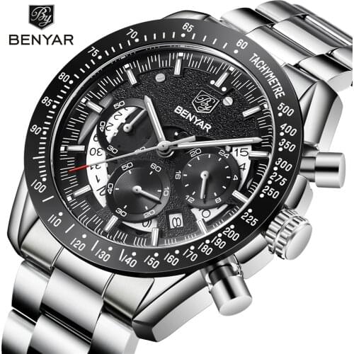 BENYAR Mens Watches Top Luxury Brand Waterproof Sport Wrist Watch Chronograph Quartz Military Genuine Leather Relogio Masculino