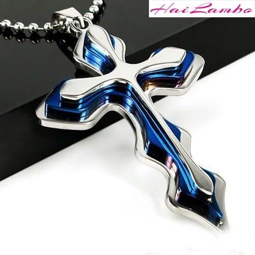 HaiLambo Stainless Steel Chain Beautiful Cross Blue Gold Gun Color Mens Necklace Pendant Classic Jewelry Fashion Pendants Dj04