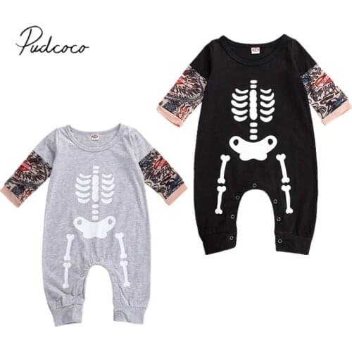 Newborn baby girl boy Halloween Jumpsuits Skeleton Tattoo Short Sleeve Round Neck Cotton Long Sleeve Romper